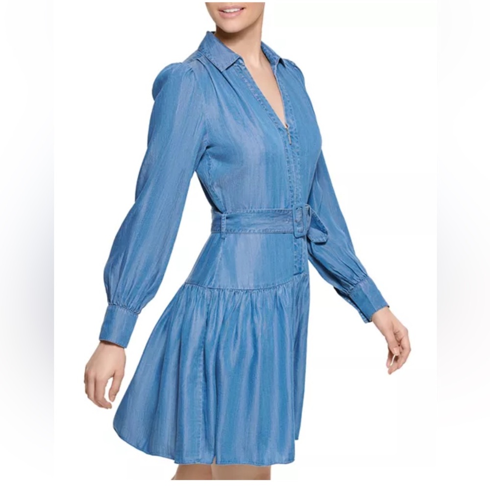 Karl Lagerfeld Paris Blue Belted Chambray Dress